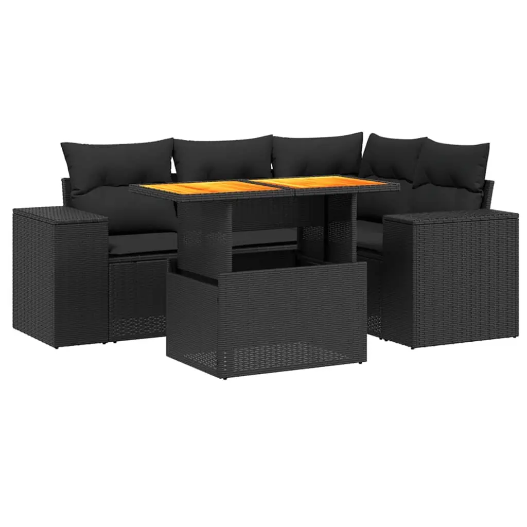 5 Piece Garden Sofa Set PE Rattan Black Cushioned Modular Outdoor Furniture