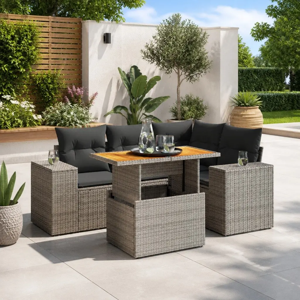 5 Piece Garden Sofa Set with Adjustable Dining Table Grey Poly Rattan Outdoor