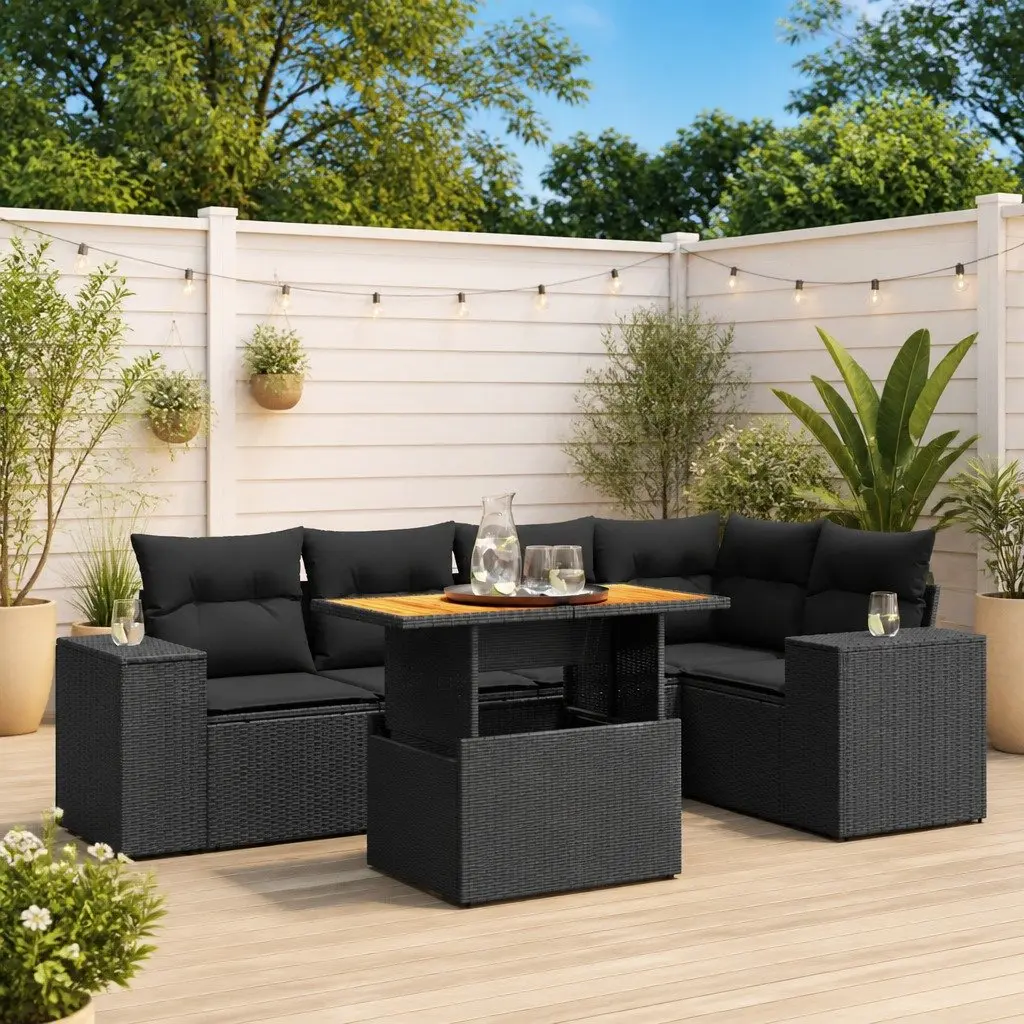 Garden Sofa Set PE Rattan 6 Piece Outdoor Furniture Black Patio Lounge
