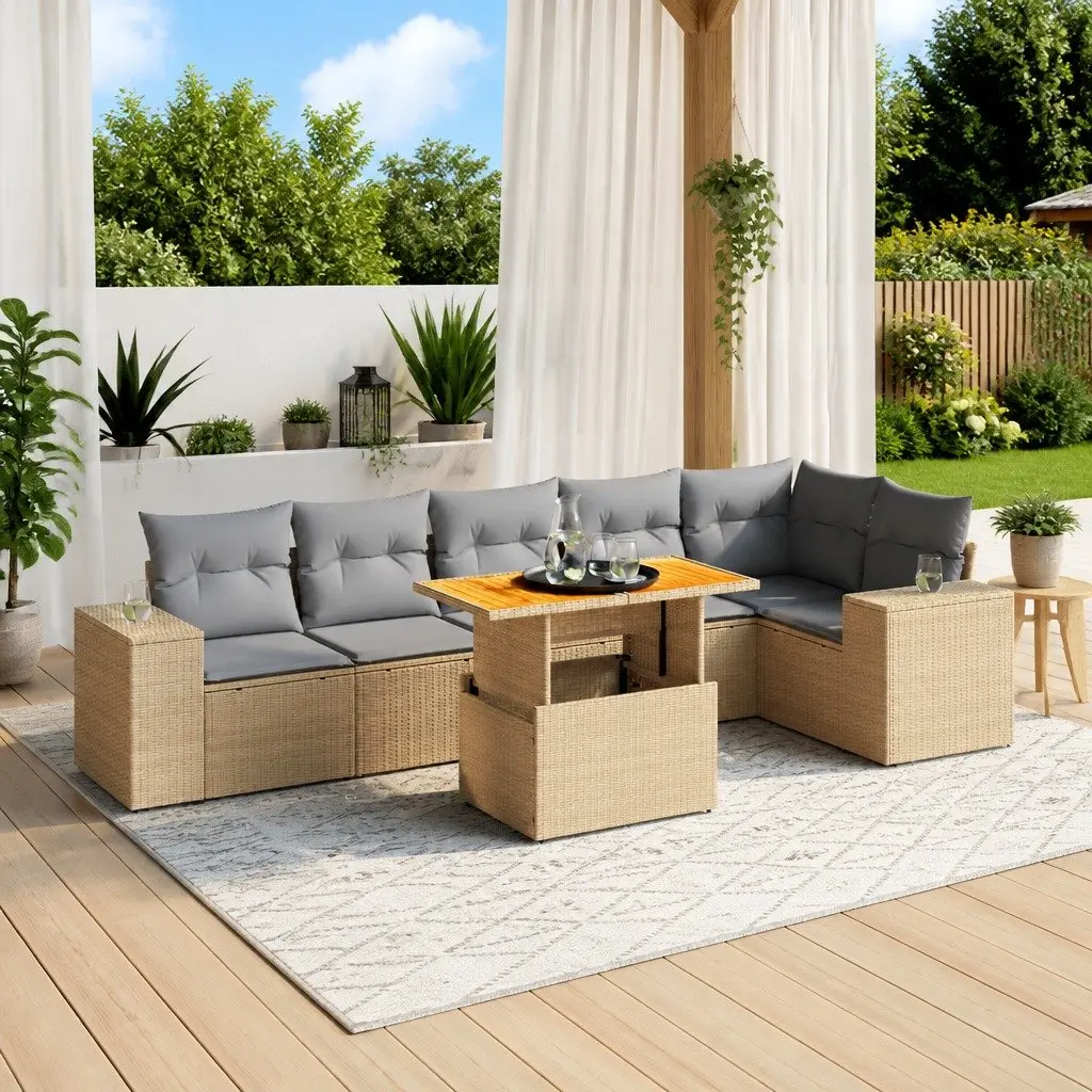 Garden Sofa Set PE Rattan 7 Piece Outdoor Furniture Sectional Beige with Cushions