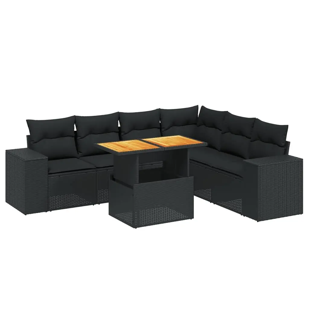 7 Piece Outdoor Furniture Set Black PE Rattan Sofa with Cushions Adjustable Table