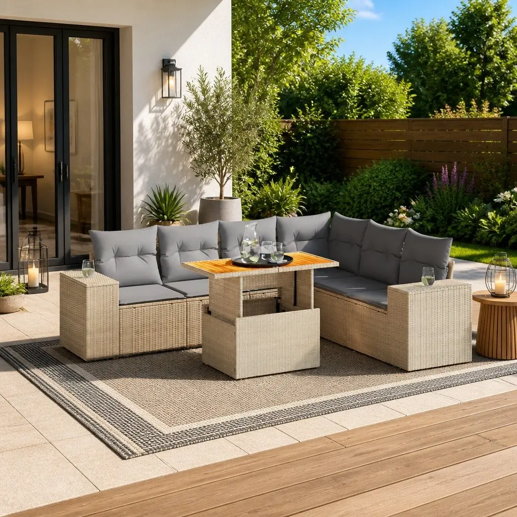 Garden Sofa Set PE Rattan 7 Piece Outdoor Furniture Beige Modular with Adjustable Table