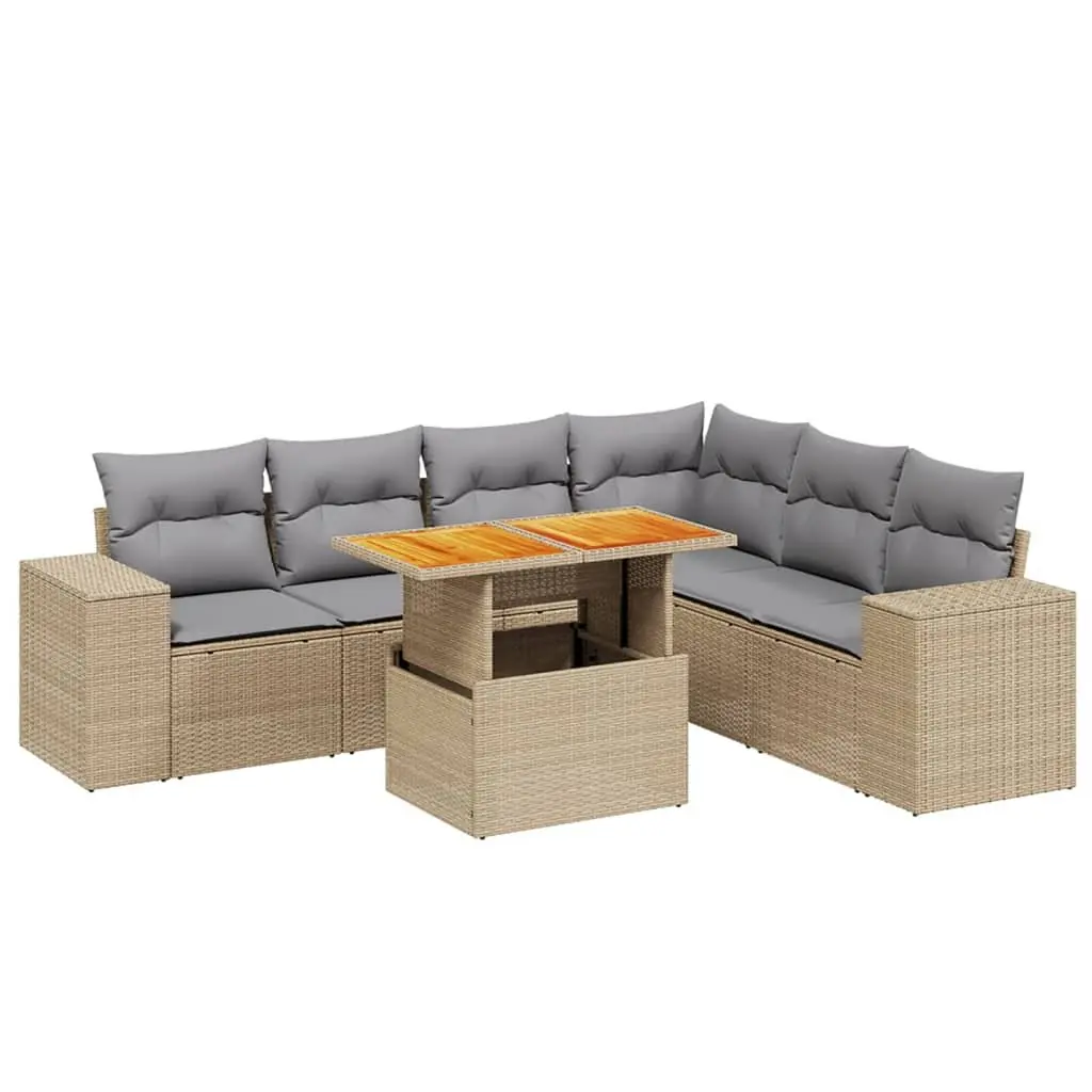 Garden Sofa Set PE Rattan 7 Piece Outdoor Furniture Beige Modular with Adjustable Table