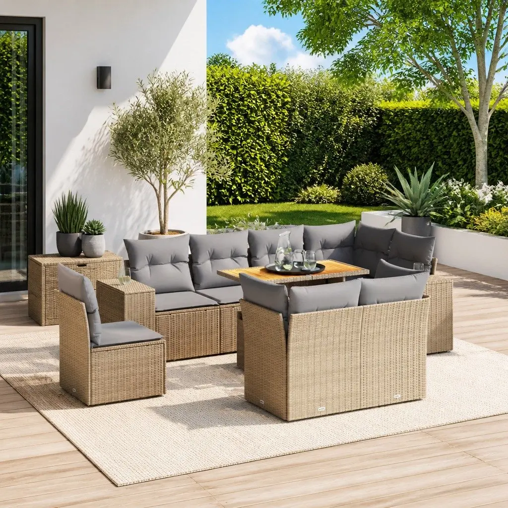 9 Piece Garden Sofa Set Outdoor Furniture Beige Poly Rattan with Cushions Patio