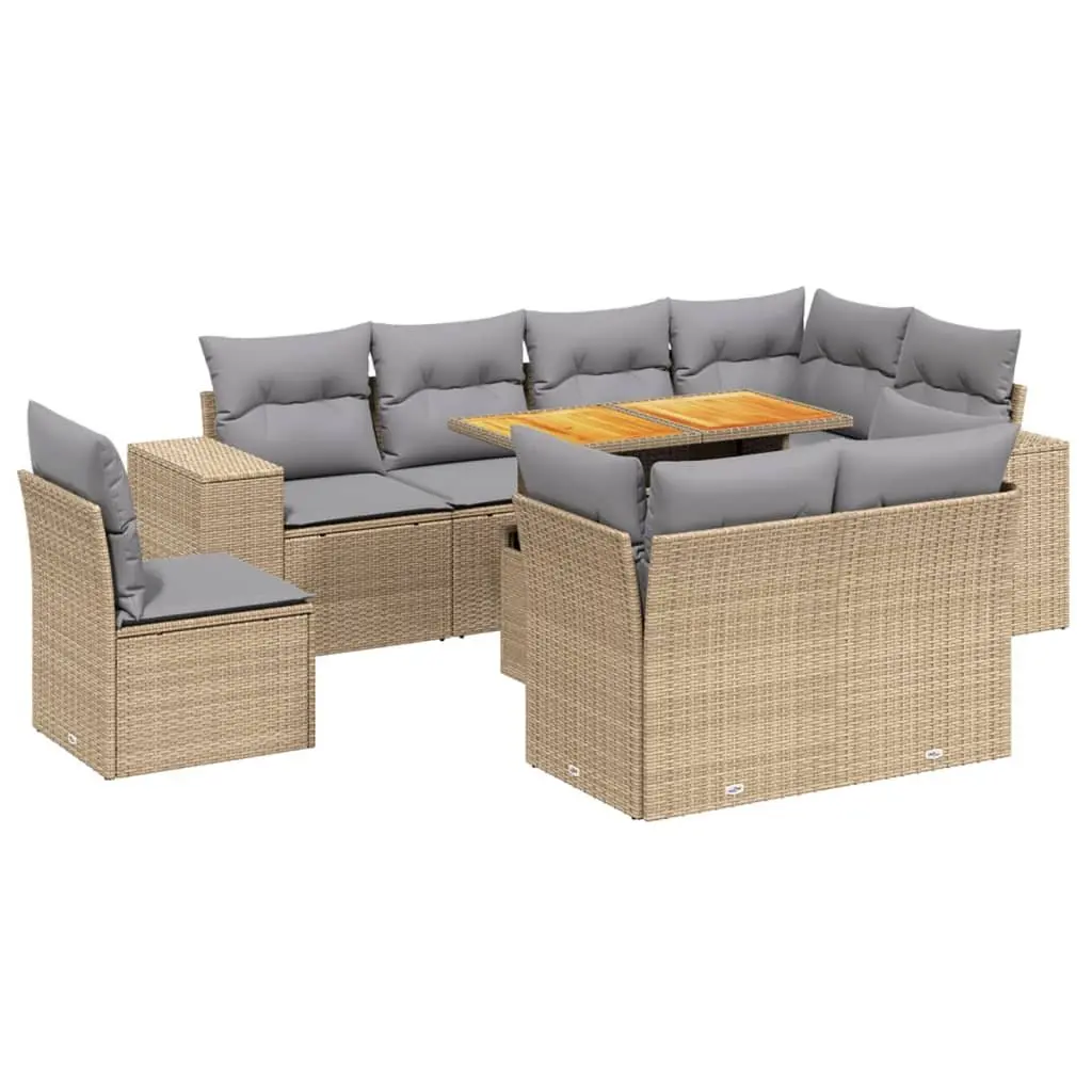 9 Piece Garden Sofa Set Outdoor Furniture Beige Poly Rattan with Cushions Patio