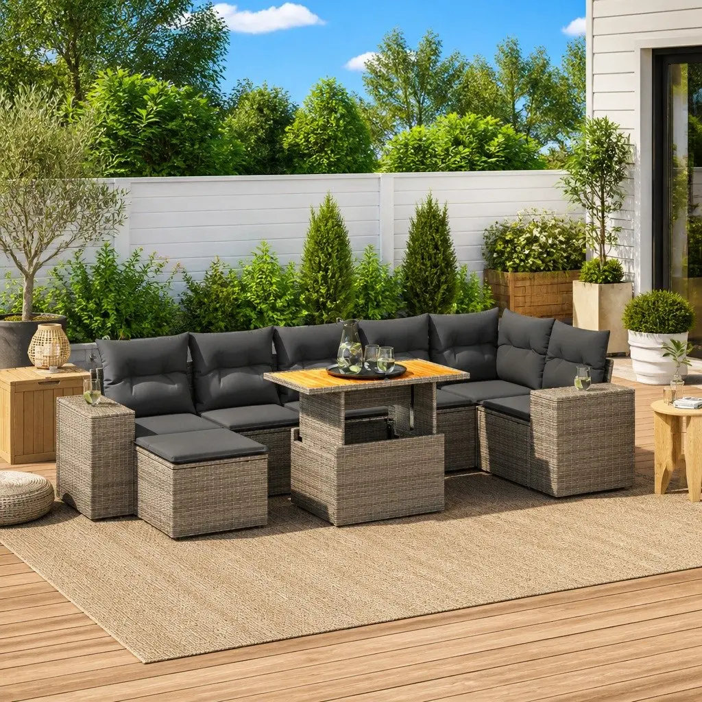 Garden Sofa Set PE Poly Rattan 8 Piece Outdoor Furniture Patio Lounge Grey with Cushions