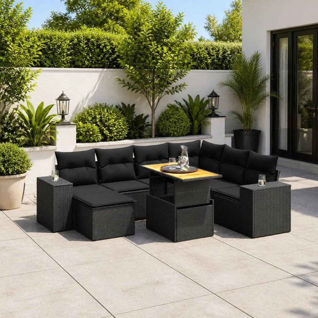 Garden Sofa Set 8 Piece Black Poly Rattan Outdoor Furniture Patio Cushions
