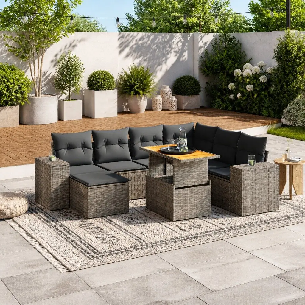 Outdoor Furniture Set 8 Piece PE Rattan Patio Lounge with Removable Cushions Grey