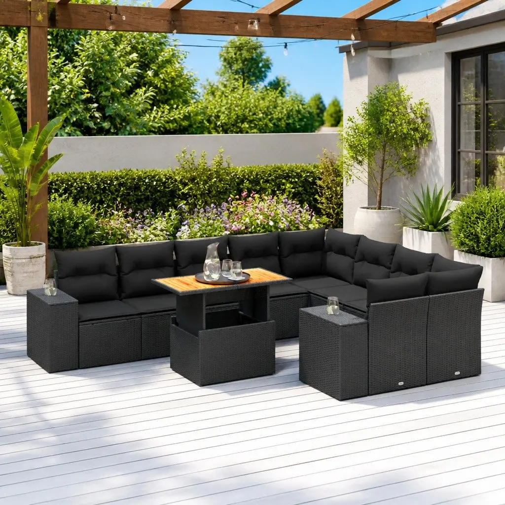 Outdoor Furniture Set 10 Piece Modular Black PE Rattan Sofa with Adjustable Tabletop and Cushions