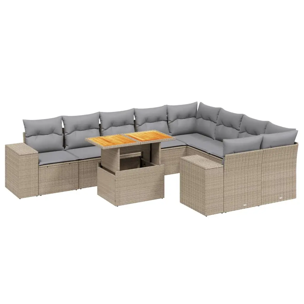 Outdoor Furniture Set 10 Piece Modular Beige Poly Rattan Garden Sofa with Cushions