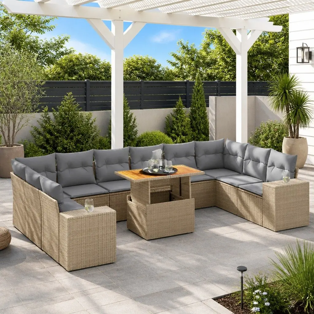 Garden Sofa Set PE Rattan 11 Piece Modular Outdoor Furniture Beige