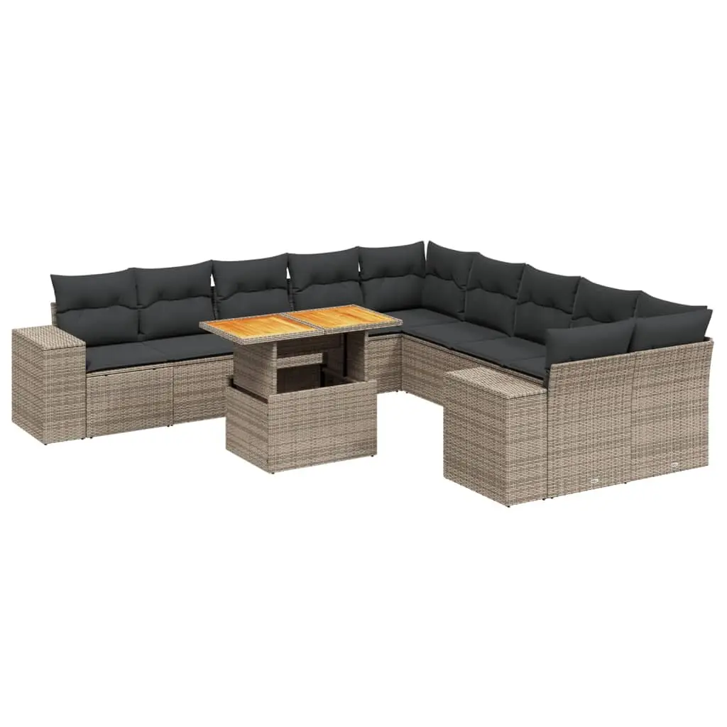 Modular 11 Piece Outdoor Furniture Grey Poly Rattan Garden Sofa Set with Cushions and Adjustable Table