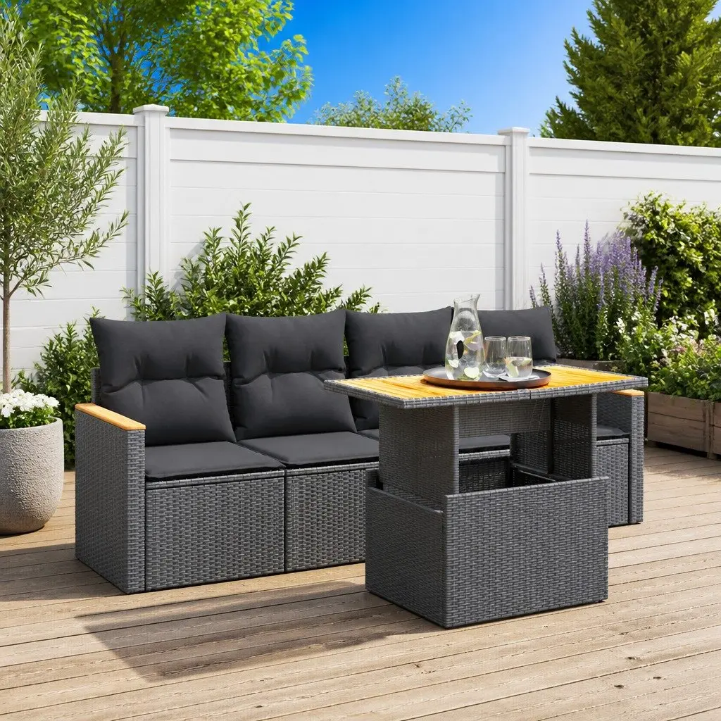Garden Sofa Set PE Rattan 5 Piece Outdoor Furniture Black Patio Seating