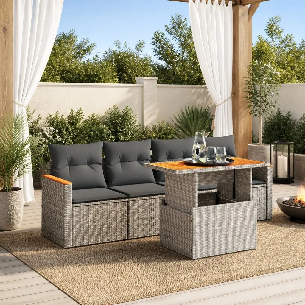 5 Piece Garden Sofa Set PE Rattan Grey with Cushions
