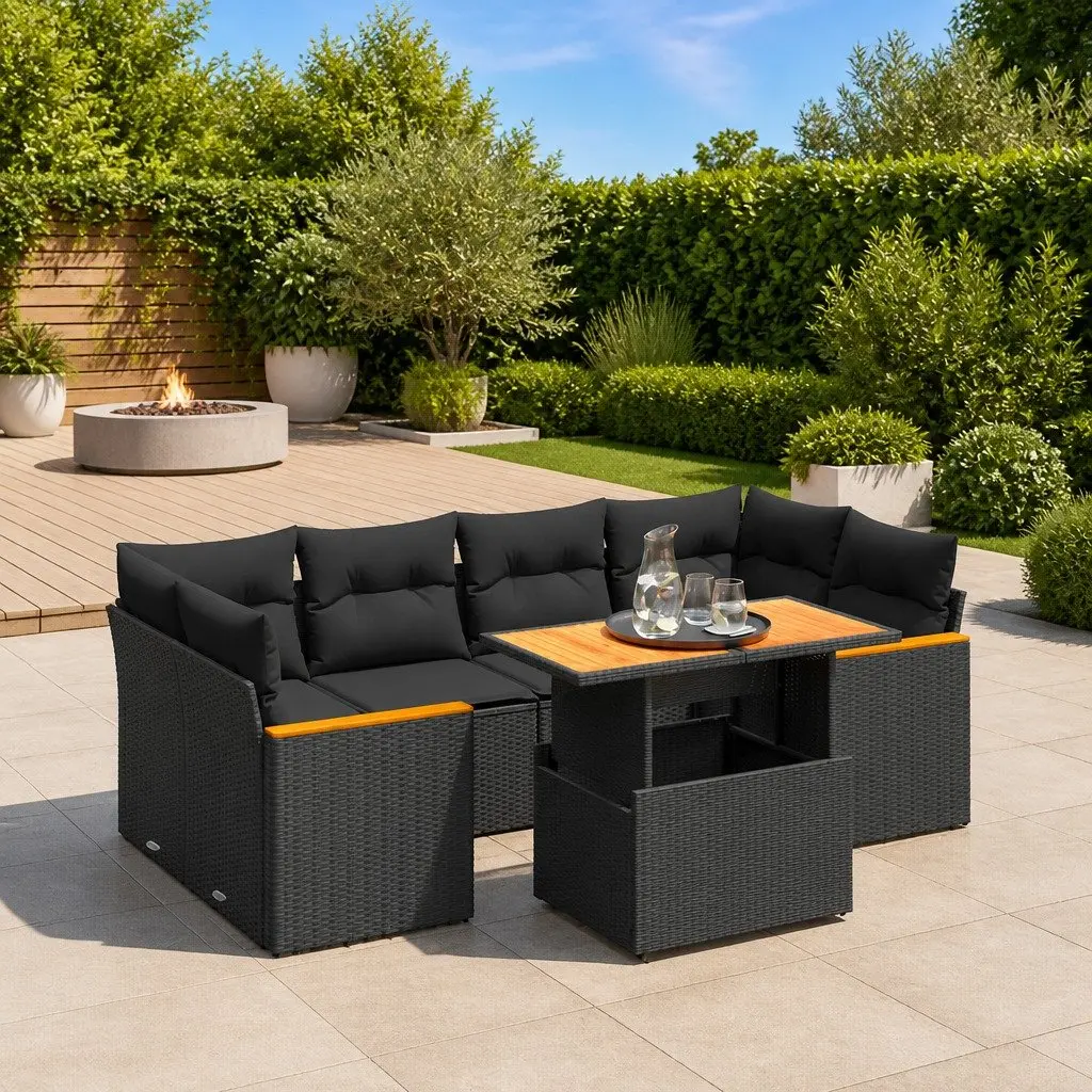 Outdoor Furniture Sofa Set 7 Piece Black PE Rattan Cushions Adjustable Table