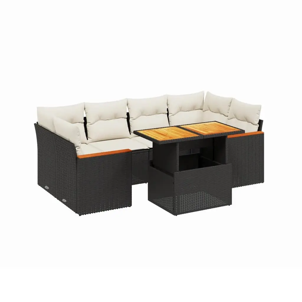 7 Piece Outdoor Garden Sofa Set with Cushions Black Poly Rattan Patio Furniture