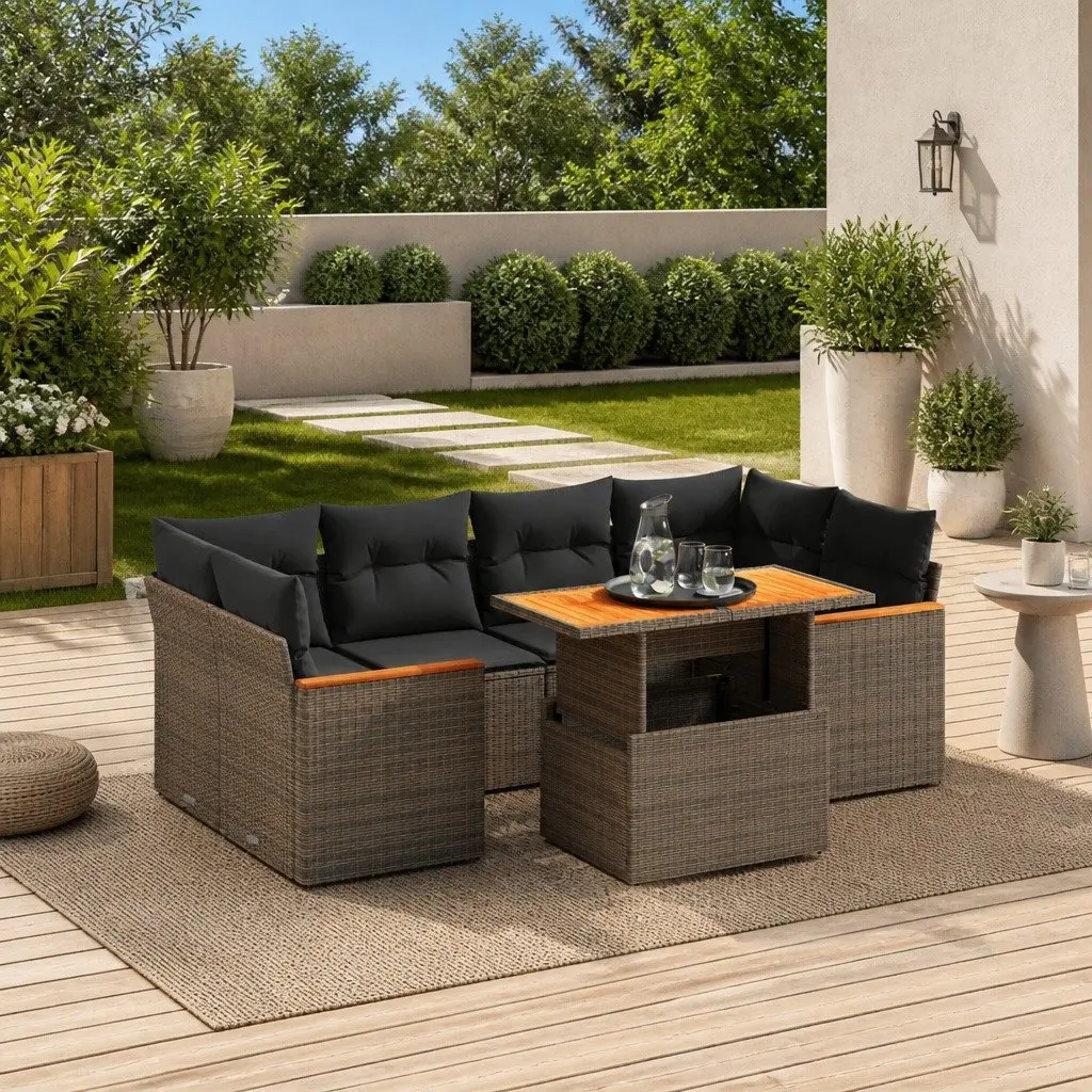 7 Piece Garden Sofa Set PE Rattan Adjustable Dining Table Grey Outdoor