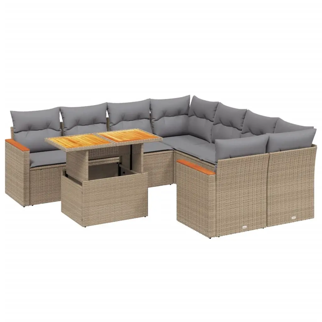 9 Piece Beige Rattan Sofa Set for Patios