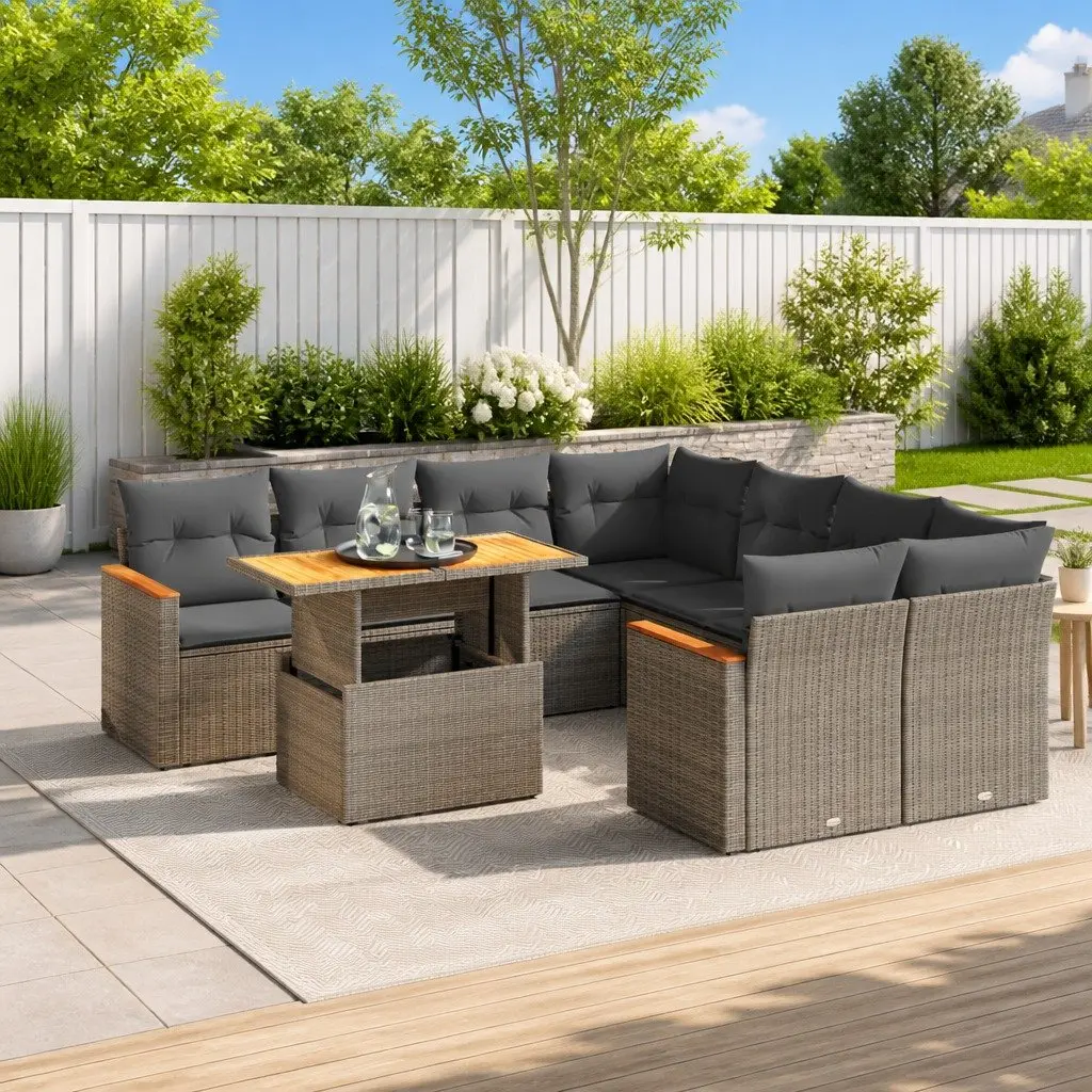 Garden Sofa Set Modular PE Rattan 9 Piece Outdoor Furniture Grey with Cushions