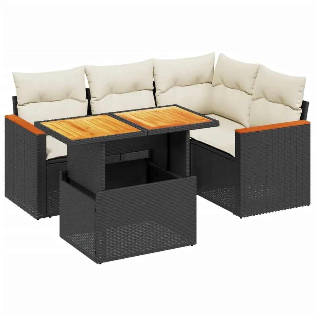5 Piece Outdoor Garden Sofa Set with Lift-Top Table Black Poly Rattan Cushions