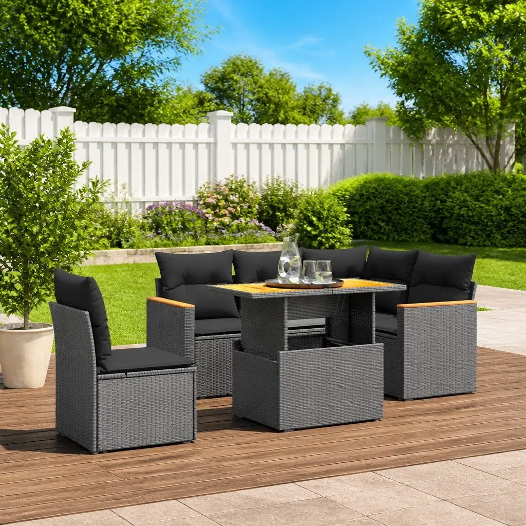 6 Piece Outdoor Furniture Set Black PE Rattan Sofa with Cushions
