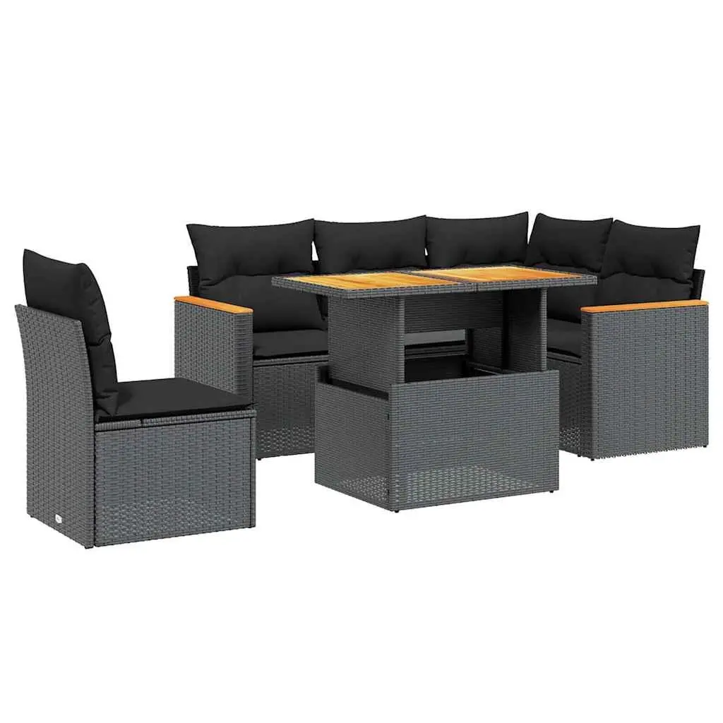 6 Piece Outdoor Furniture Set Black PE Rattan Sofa with Cushions