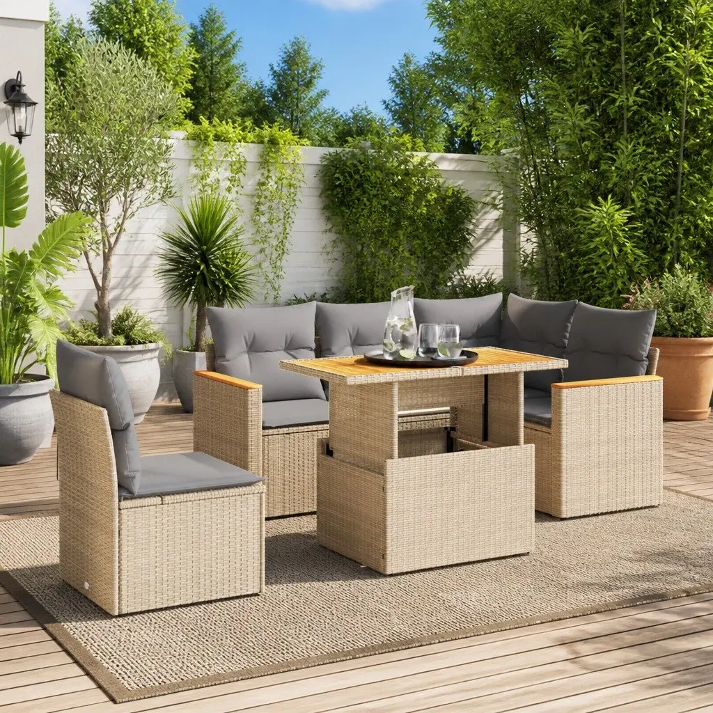 Garden Sofa Set 6 Piece Outdoor Furniture Beige Poly Rattan with Cushions Patio