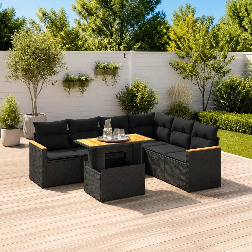 7 Piece Modular Patio Sofa Set Black Weather Resistant PE Rattan with Adjustable Table and Cushions