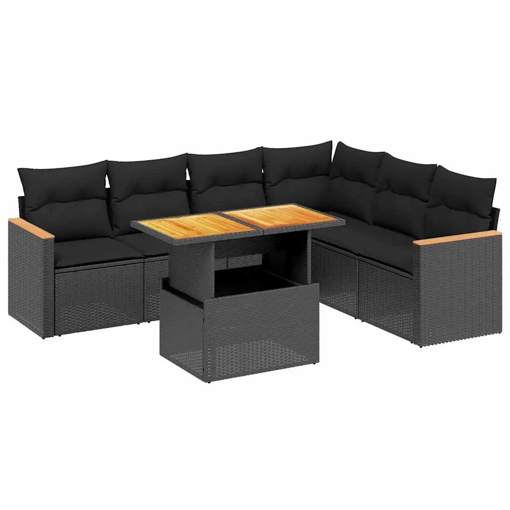 7 Piece Modular Patio Sofa Set Black Weather Resistant PE Rattan with Adjustable Table and Cushions