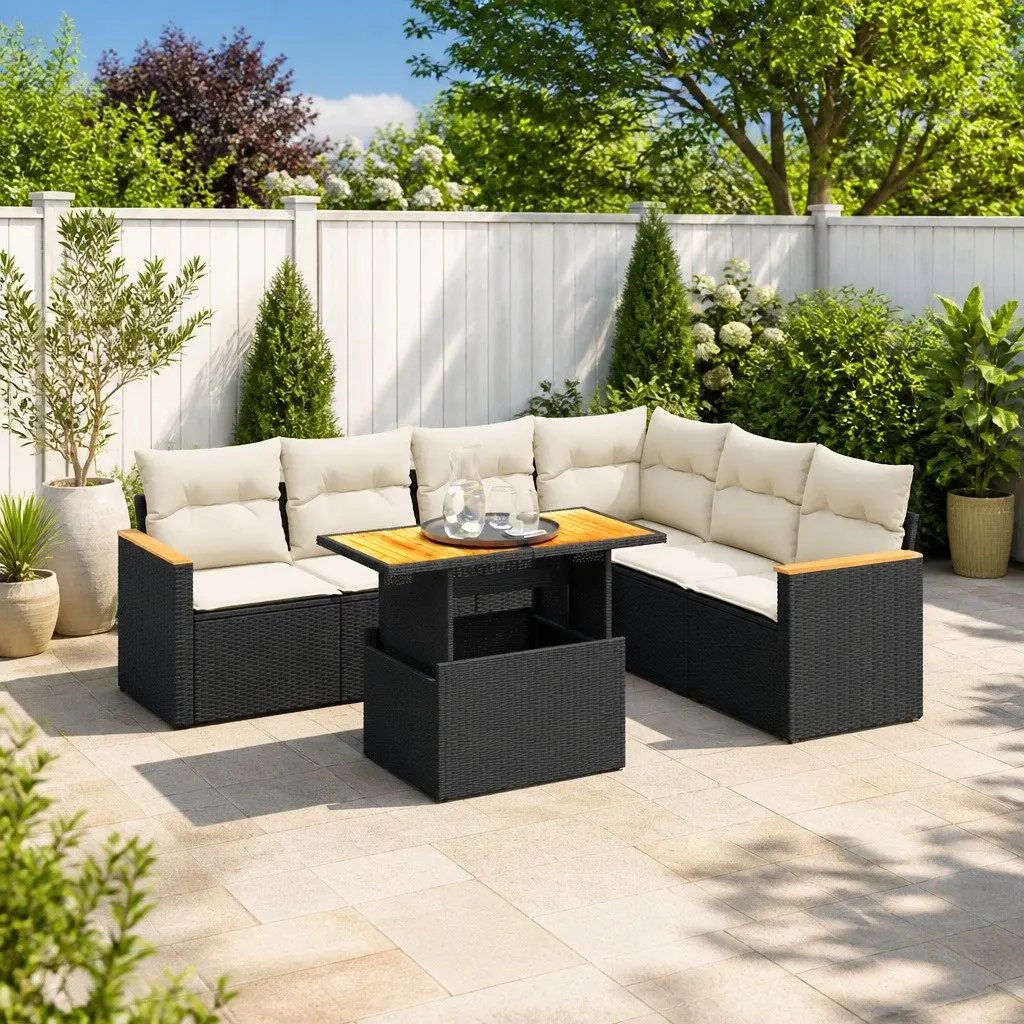 7 Piece Garden Sofa Set Outdoor Patio Furniture Black PE Rattan with Cushions