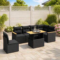 7 Piece Garden Sofa Set Outdoor Furniture Black Poly Rattan with Cushions Patio