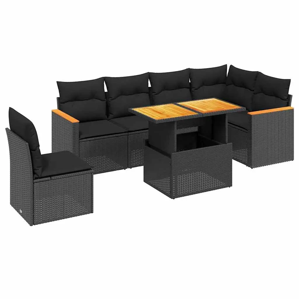 7 Piece Garden Sofa Set PE Rattan Outdoor Furniture Black with Cushions