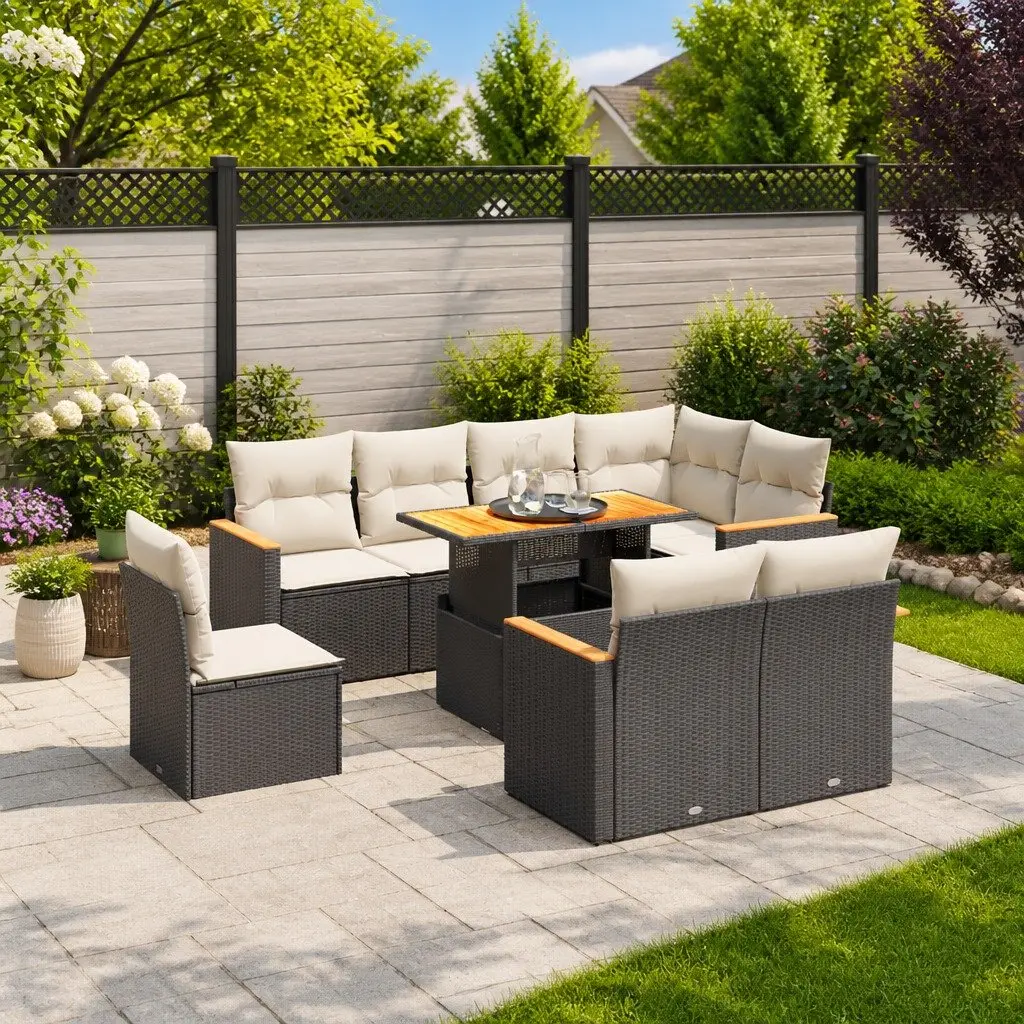 Garden Sofa Set Modular PE Rattan 9 Piece Outdoor Furniture with Cushions Black