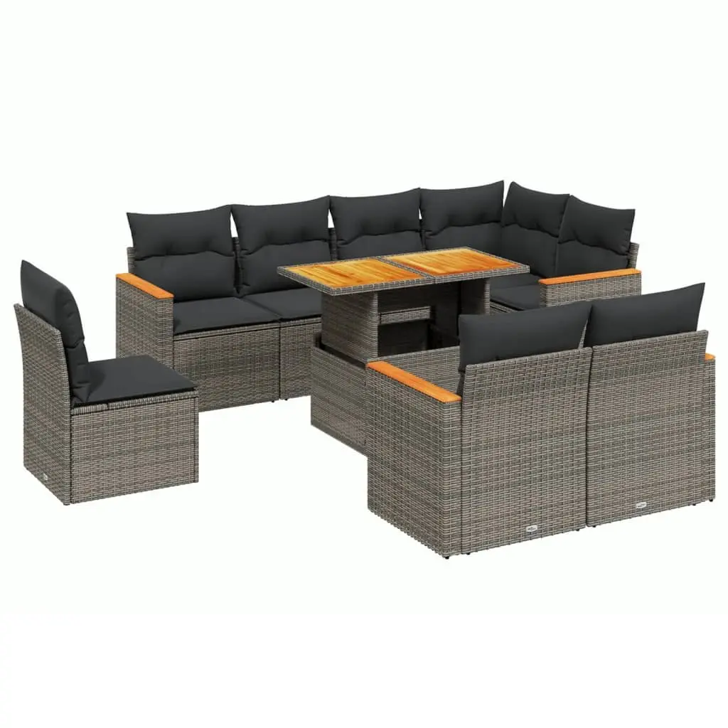 9 Piece Garden Sofa Set Grey Poly Rattan Outdoor Furniture with Cushions