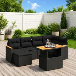 7 Piece Garden Sofa Set Outdoor Furniture with Cushions Black Poly Rattan Patio