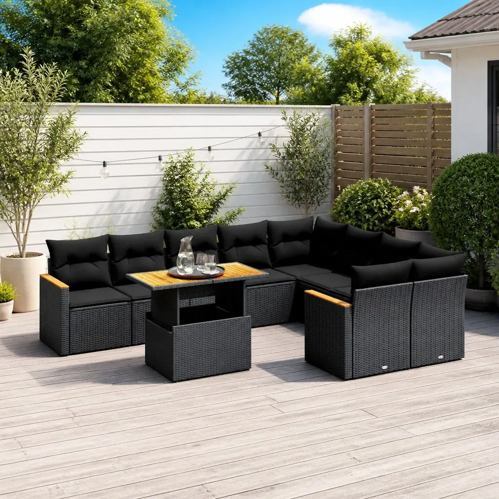10 Piece Outdoor Garden Sofa Set Black Poly Rattan Patio Furniture with Cushions