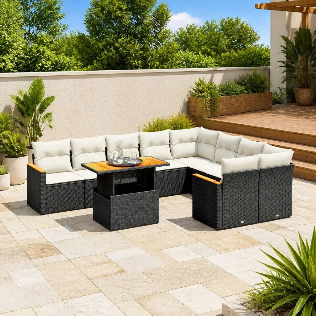 Modular Garden Sofa Set Outdoor Furniture 10 Piece Black PE Rattan with Cushions