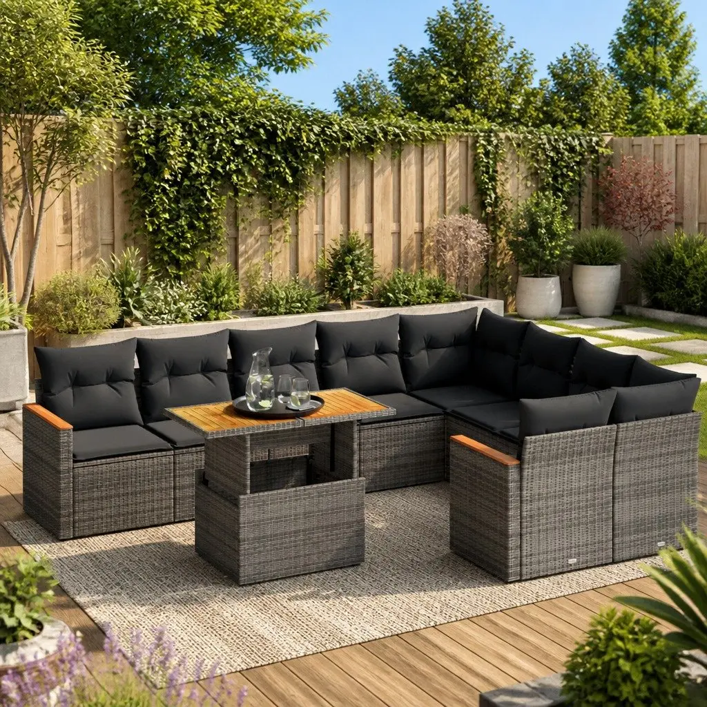 Garden Sofa Set 10 Piece Outdoor Furniture Grey Poly Rattan with Cushions Patio
