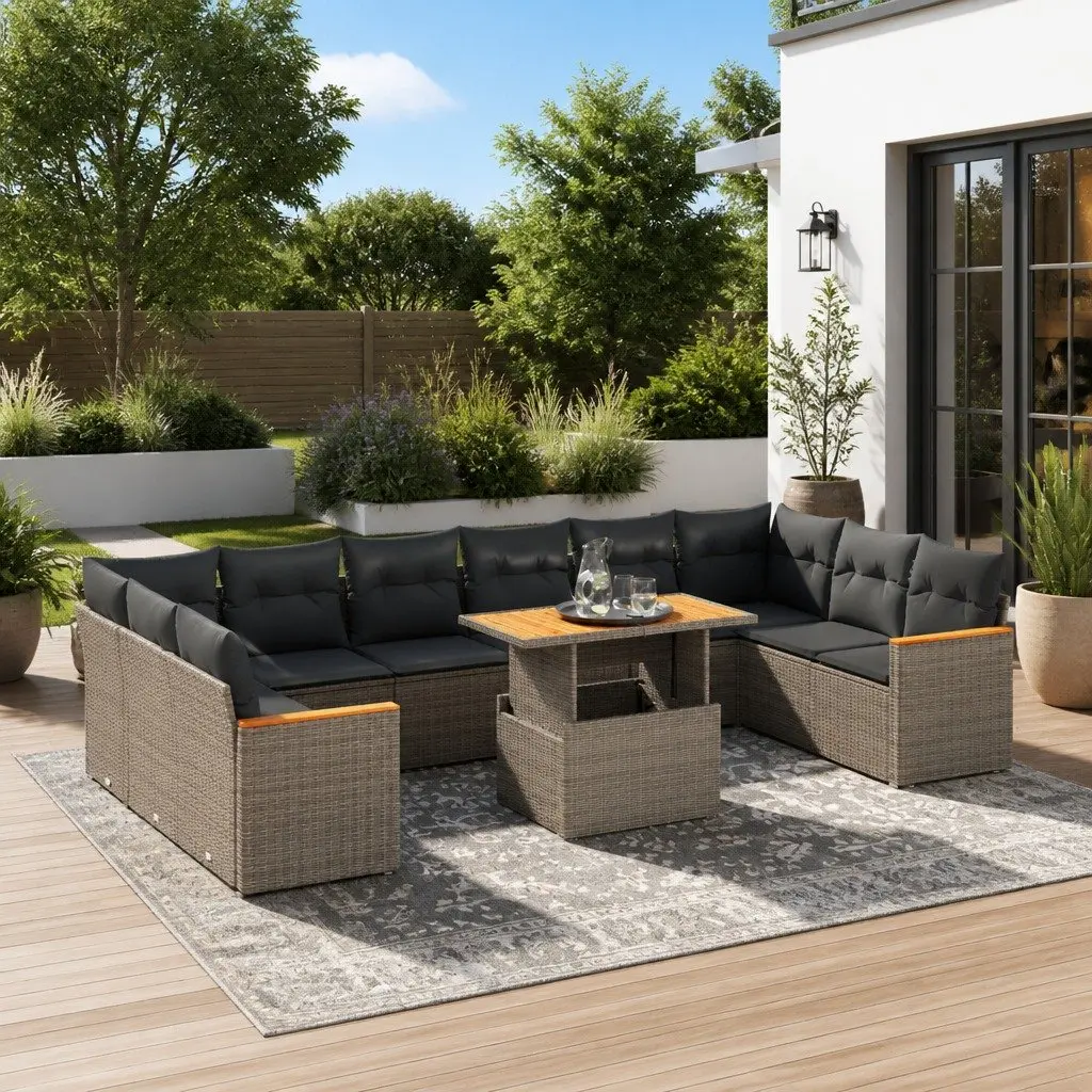 Garden Sofa Set 11 Piece Outdoor Furniture Patio Sectional Grey Rattan Cushions