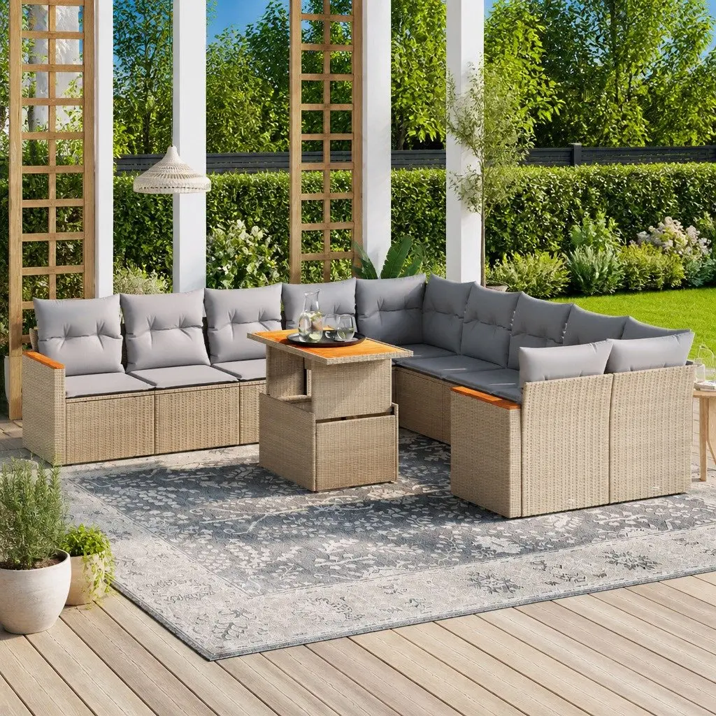 11PiecePatioFurnitureSetModularDesignBeigePERattanOutdoorSofaWithThickCushionsAndAdjustableTable
