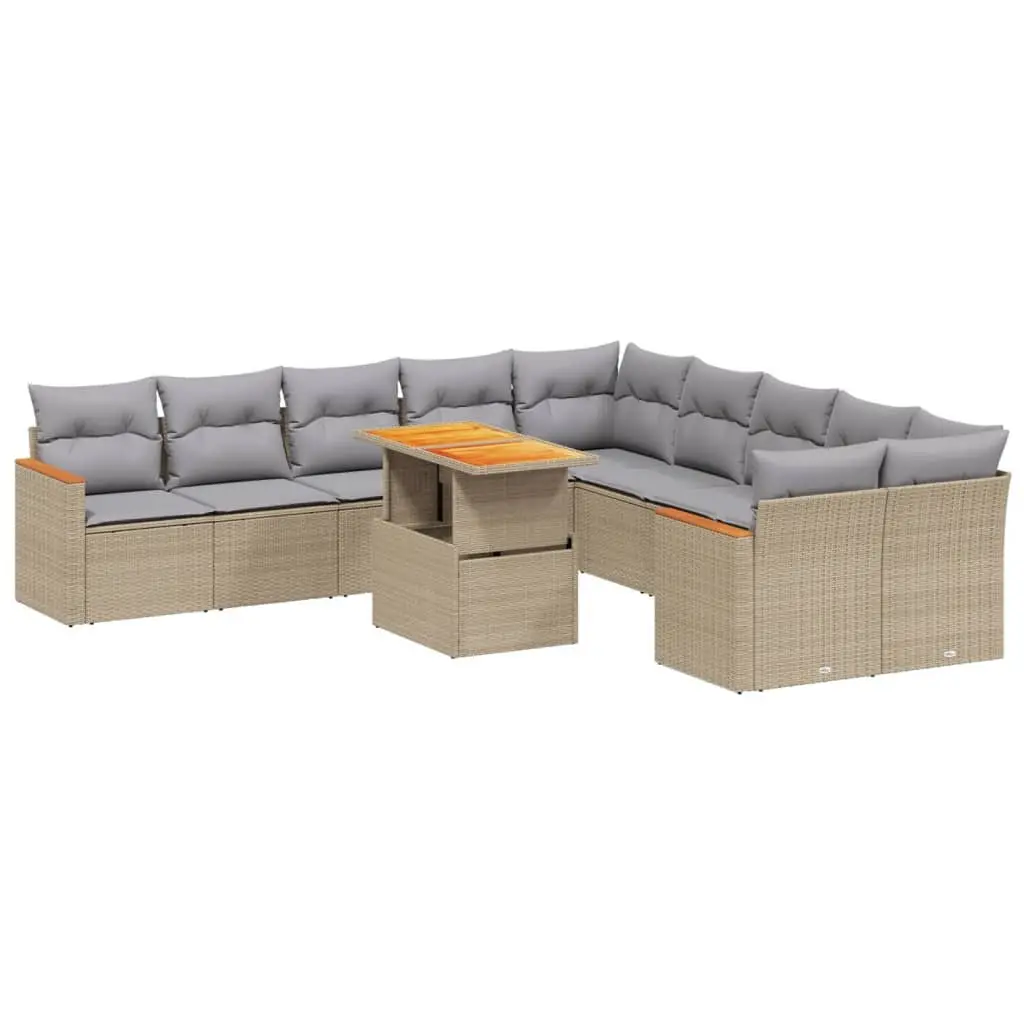 11PiecePatioFurnitureSetModularDesignBeigePERattanOutdoorSofaWithThickCushionsAndAdjustableTable