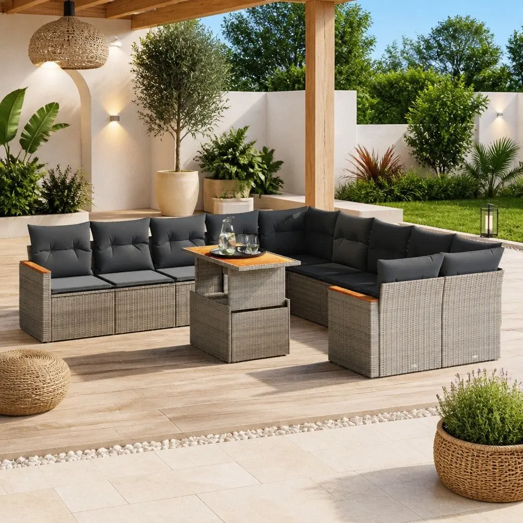 Garden Sofa Set PE Rattan 11 Pieces Grey Outdoor Furniture Modular Seating