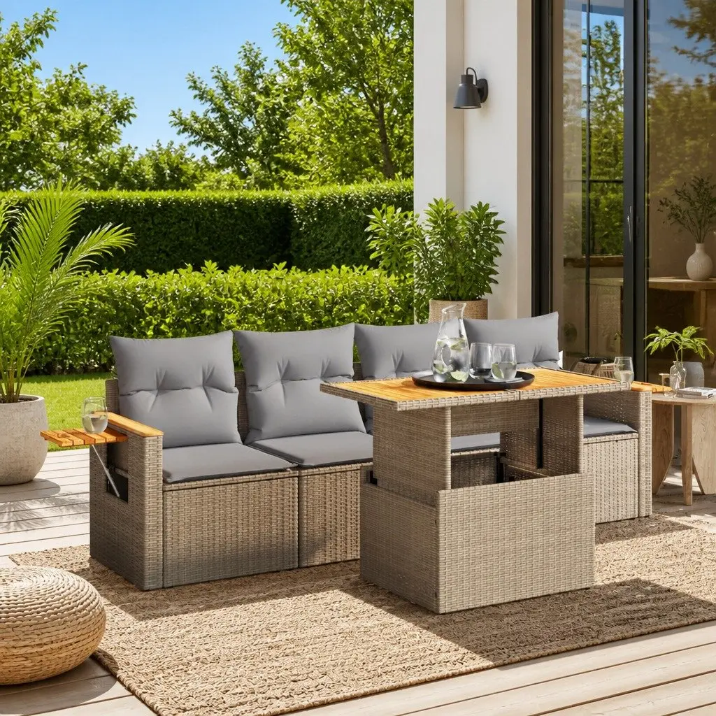 5 Piece Garden Sofa Set PE Rattan Modular Beige with Adjustable Dining Table and Foldable Side Table