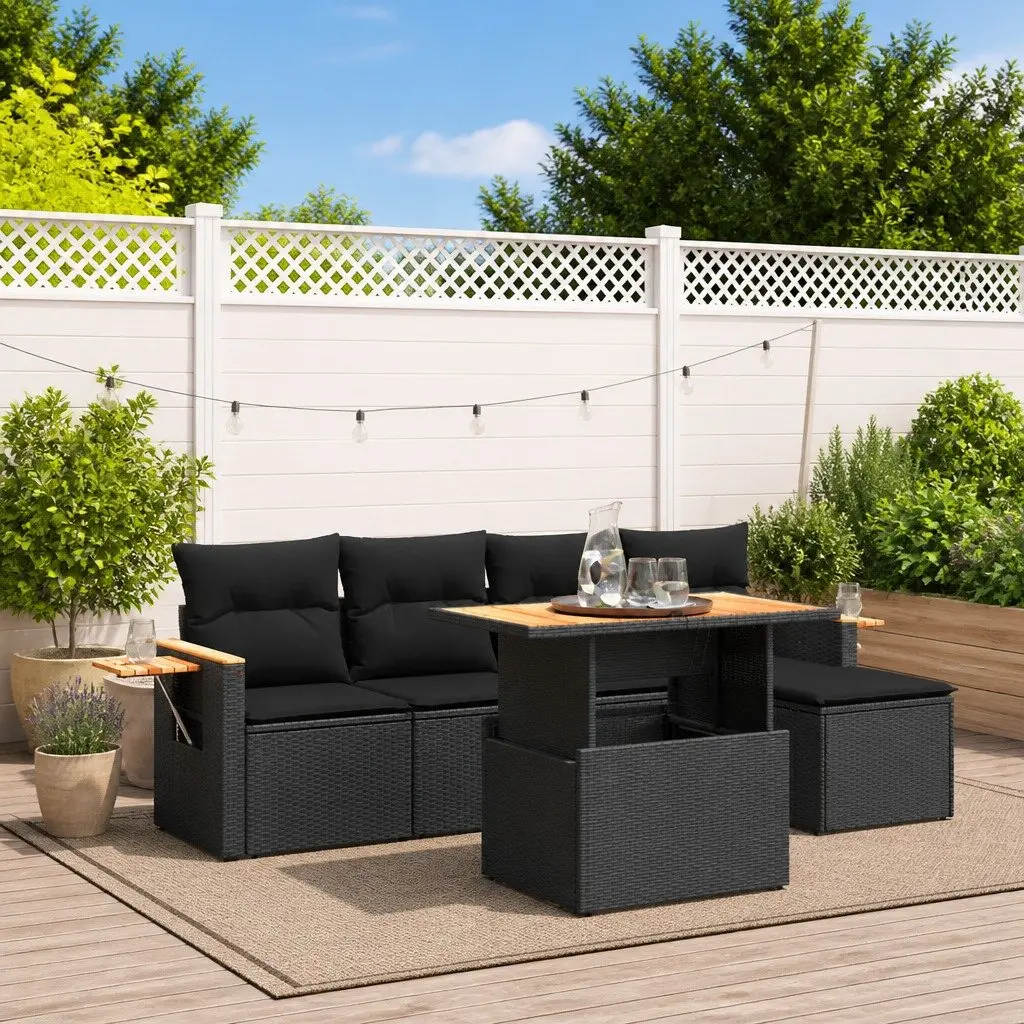 Garden Sofa Set PE Rattan 6 Piece Modular Outdoor Furniture Black Patio Lounge