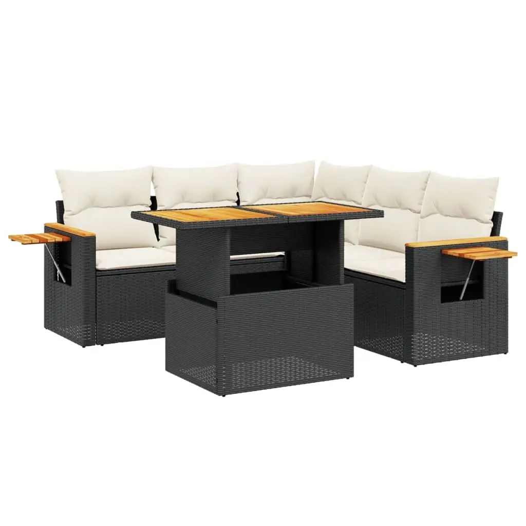 Modular Garden Sofa Set Black PE Rattan 6 Piece Outdoor Furniture with Adjustable Table and Foldable Side Table