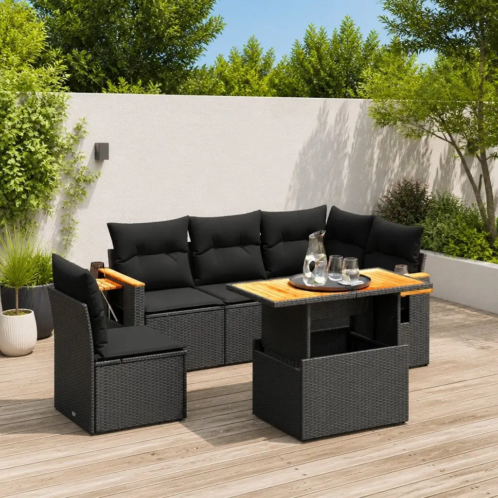 Garden Sofa Set PE Rattan 6 Piece Outdoor Furniture Modular Black