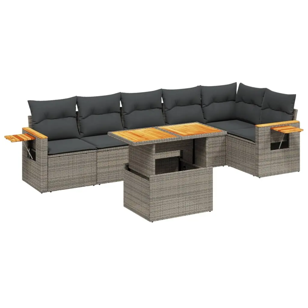 7 Piece Grey PE Rattan Garden Sofa Set with Cushions Modular Outdoor Patio Furniture