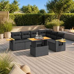 7 Piece Garden Sofa Set Outdoor Patio Furniture Black Poly Rattan with Cushions