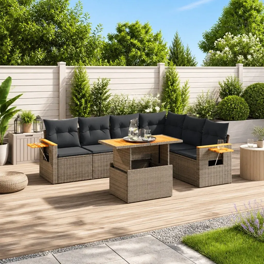 7 Piece Adjustable Dining Table Sofa Set Grey Outdoor Garden Furniture PE Rattan