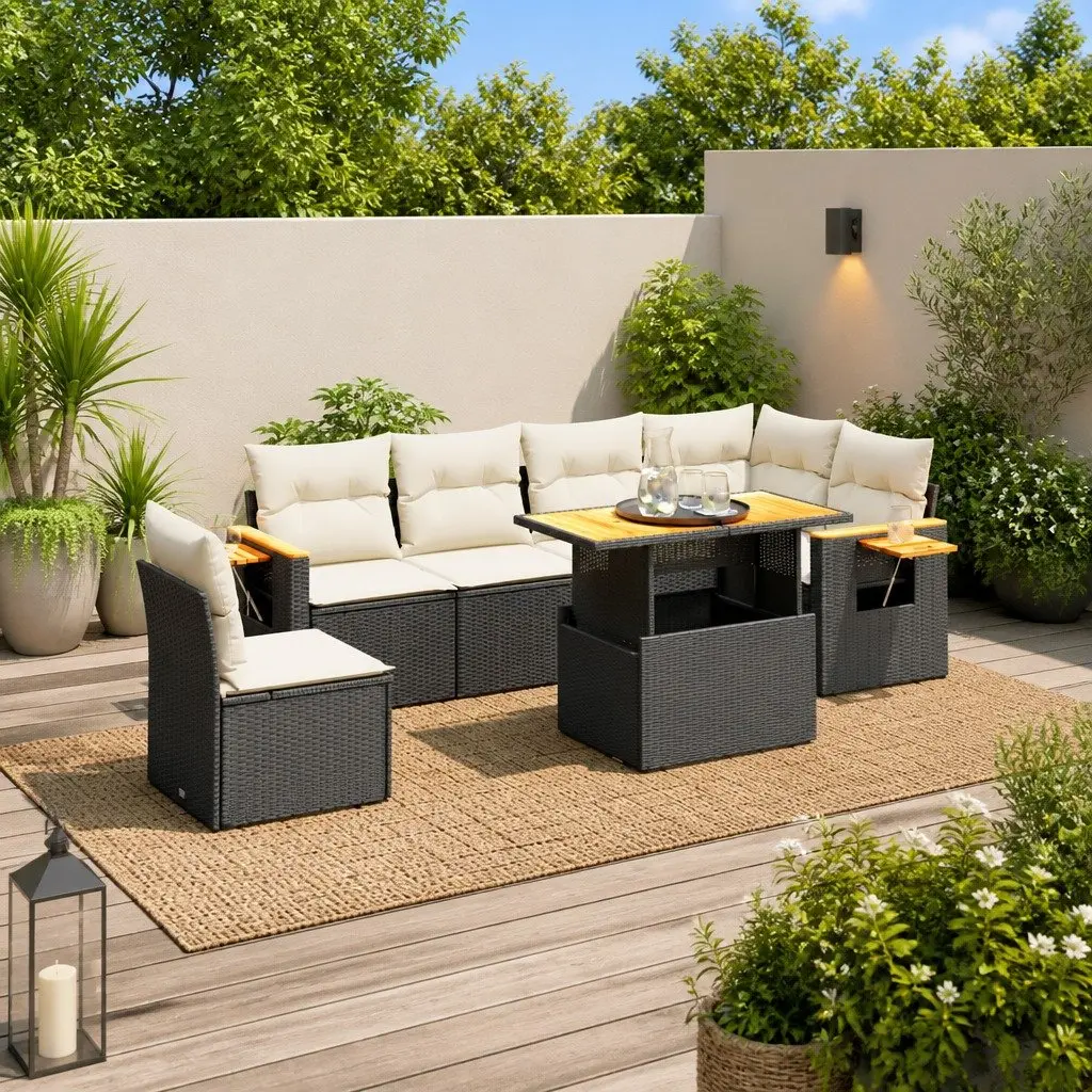 7 Piece Modular Sofa Set Black PE Rattan Outdoor Furniture with Cushions and Adjustable Table